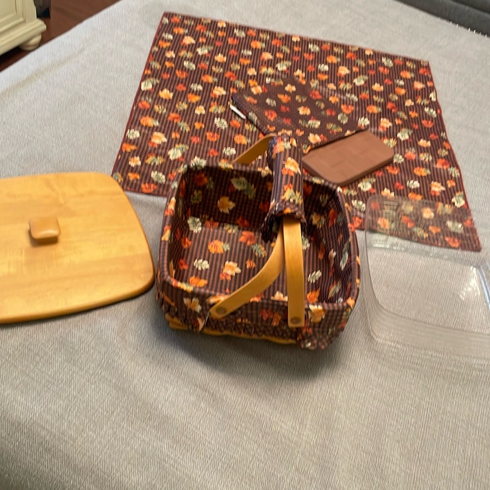 Longaberger Brown Floral Sewing Basket with Tan Leather Handles